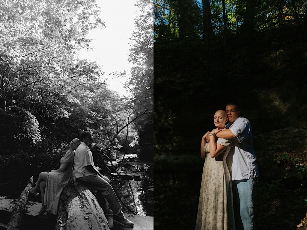 2 photos side by side of a couple inside Matthiessen State Park, the left is a black and white photo of them sitting back to back on a log, the right is of the man hugging the woman from behind as the sun shines on them