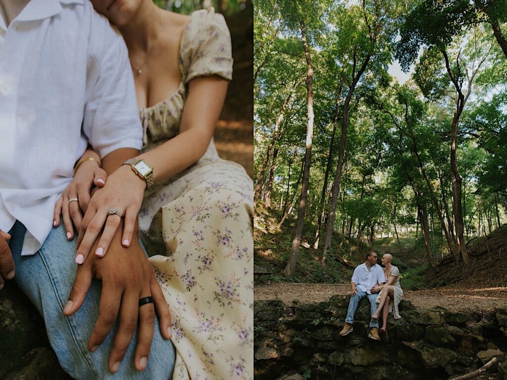 2 photos side by side of a couple inside Matthiessen State Park, the left is a close up of their hands showing off their engagement rings, the right is of them sitting together on a rock wall