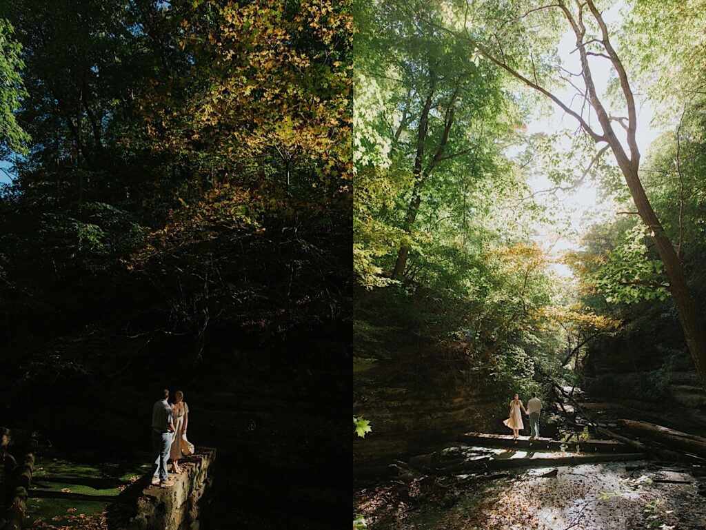 2 photos side by side of a couple standing together on a rock wall inside of Matthiessen State Park