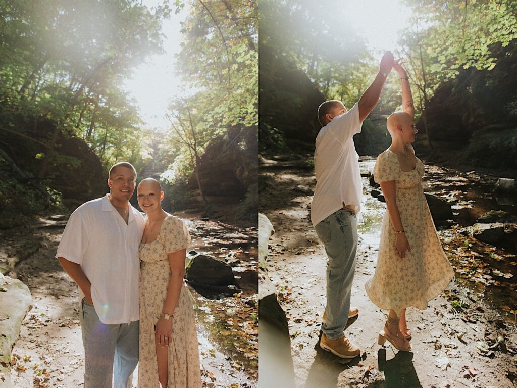 2 photos side by side of a couple inside Matthiessen State Park, in the left they smile at the camera standing side by side, in the right they are dancing together
