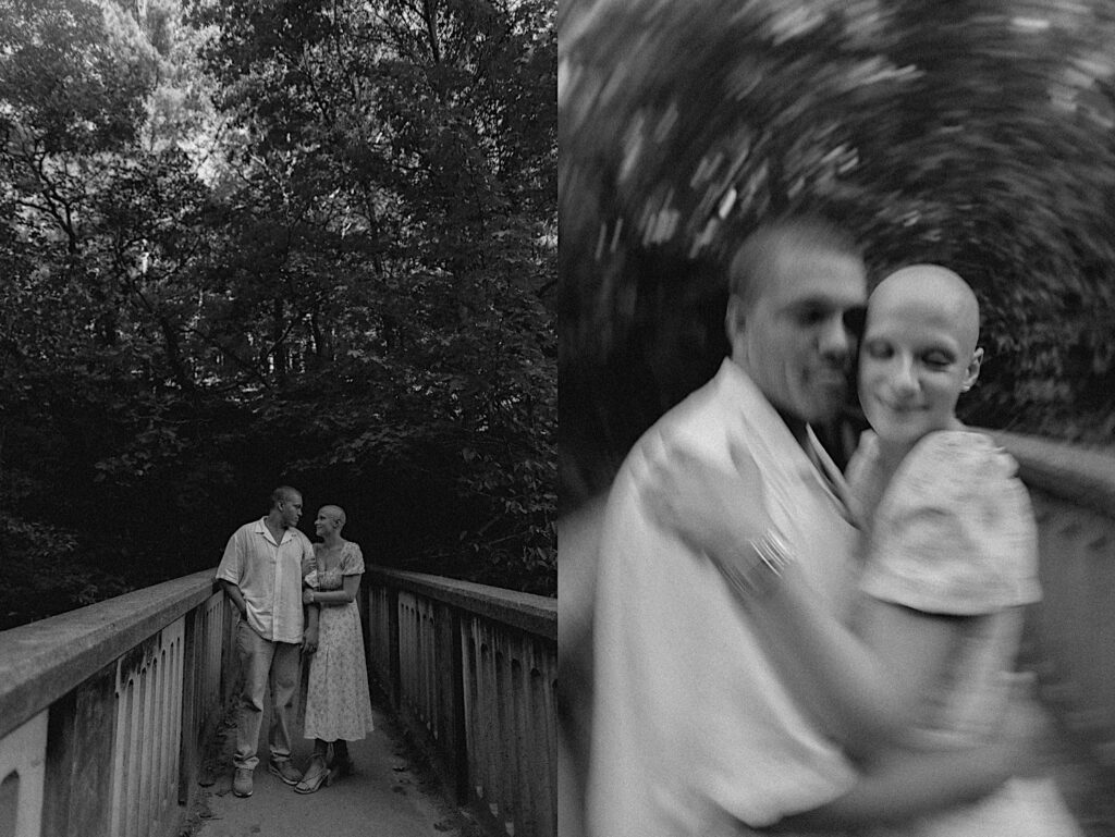 2 black and white photos of a couple on a bridge inside of Matthiessen State Park, in the left they are smiling at one another and in the right they are hugging each other
