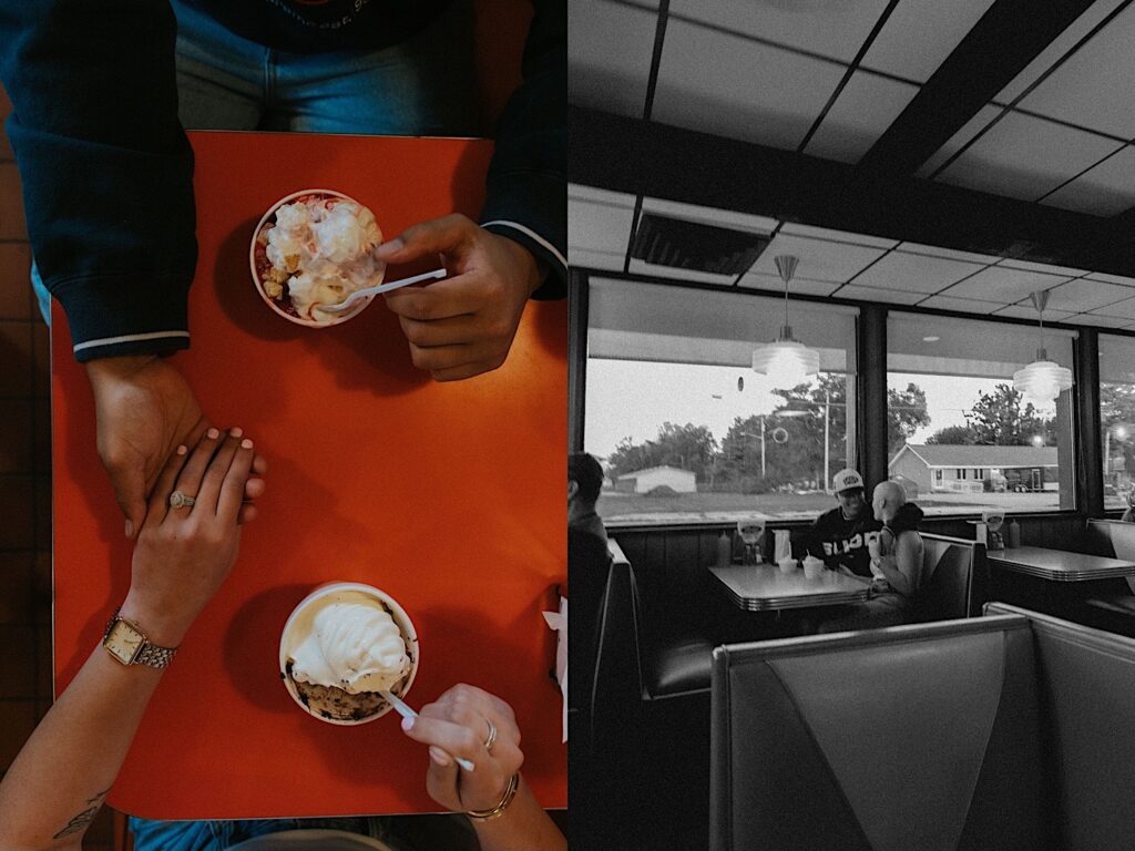 2 photos side by side, the left is of a couple holding hands showing off an engagement ring while on a table inside of The Rootbeer Stand, the right is a black and white photo of the couple sitting side by side in the restaurant