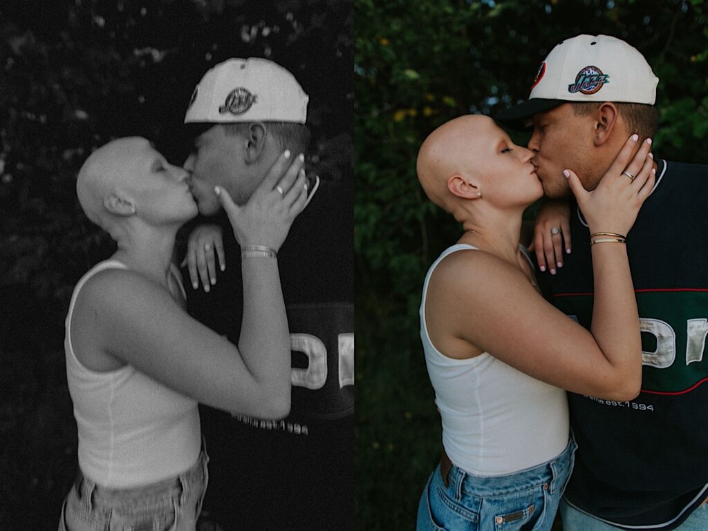 2 photos side by side of a couple kissing while outdoors, the left photo is in black and white