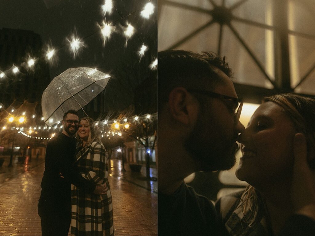 Man with a beard and glasses leans in to kiss a woman in the rain in front of a downtown building in Springfield, Illinois.  