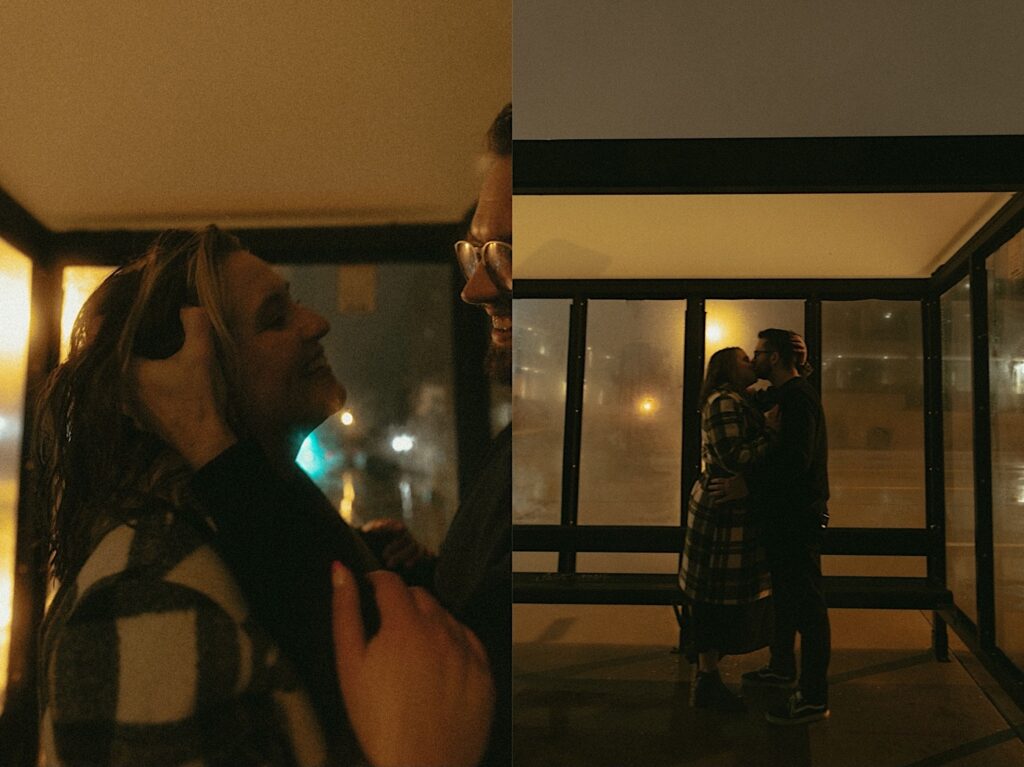 Couple kisses at a bus stop in the rain  in downtown Springfield, Illinois. 