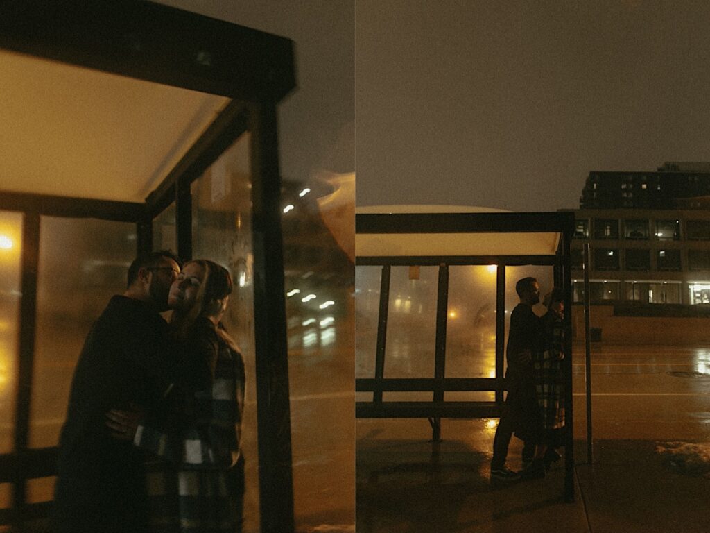 Couples kisses under a bus stop in the rain in downtown Springfield for a couples photography session. 