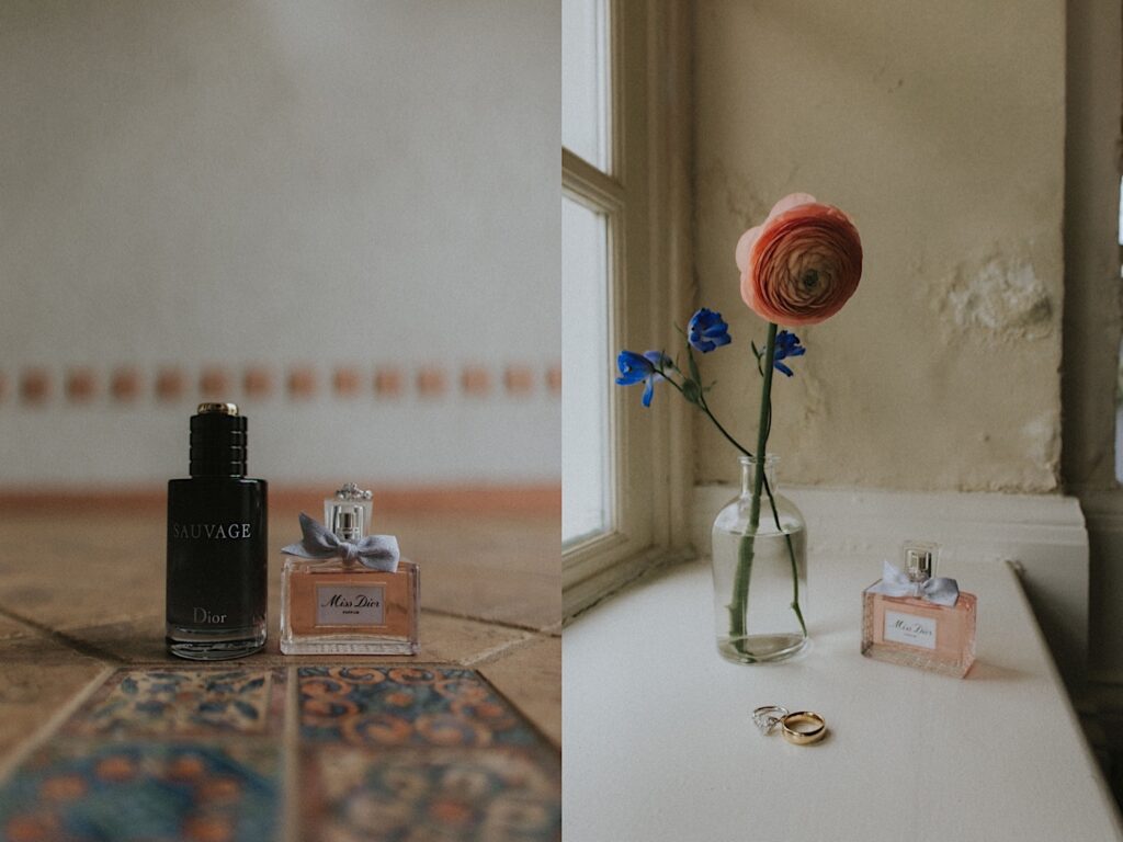 Bride and Groom's Dior perfume and cologne sits on tiled floors