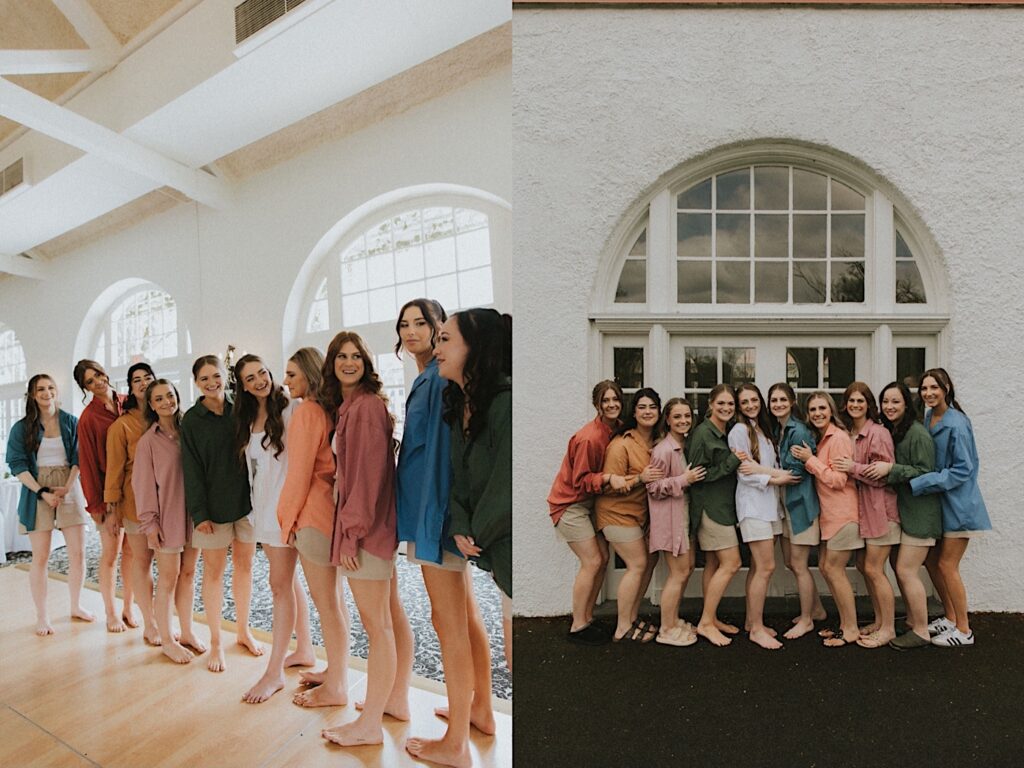 Bride stands surrounded by her bridesmaids dressed in different colored oversized button ups outside Ravisloe Country Club in front of large window. 