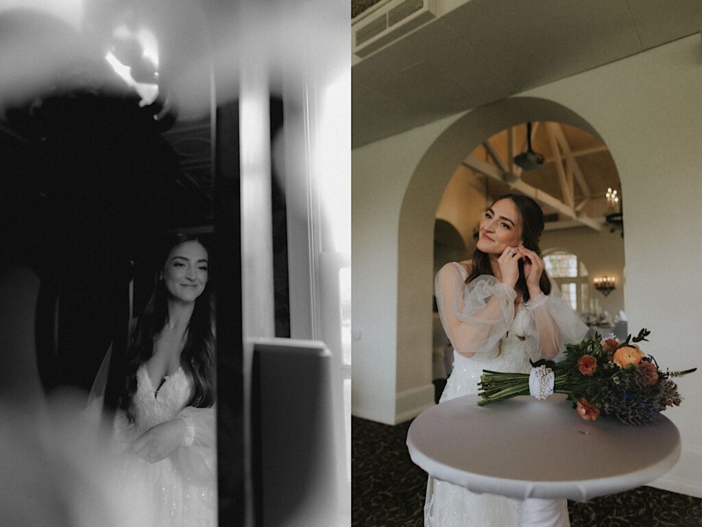 Bride puts on her earrings over a white table with her autumn bouquet on top. 