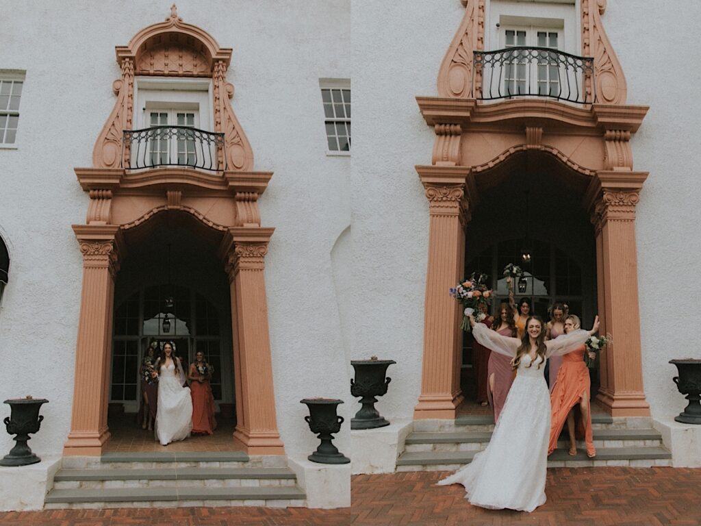 Bride walks out front doors of Ravisloe Country Club with her bridesmaids following her before wedding ceremony. 