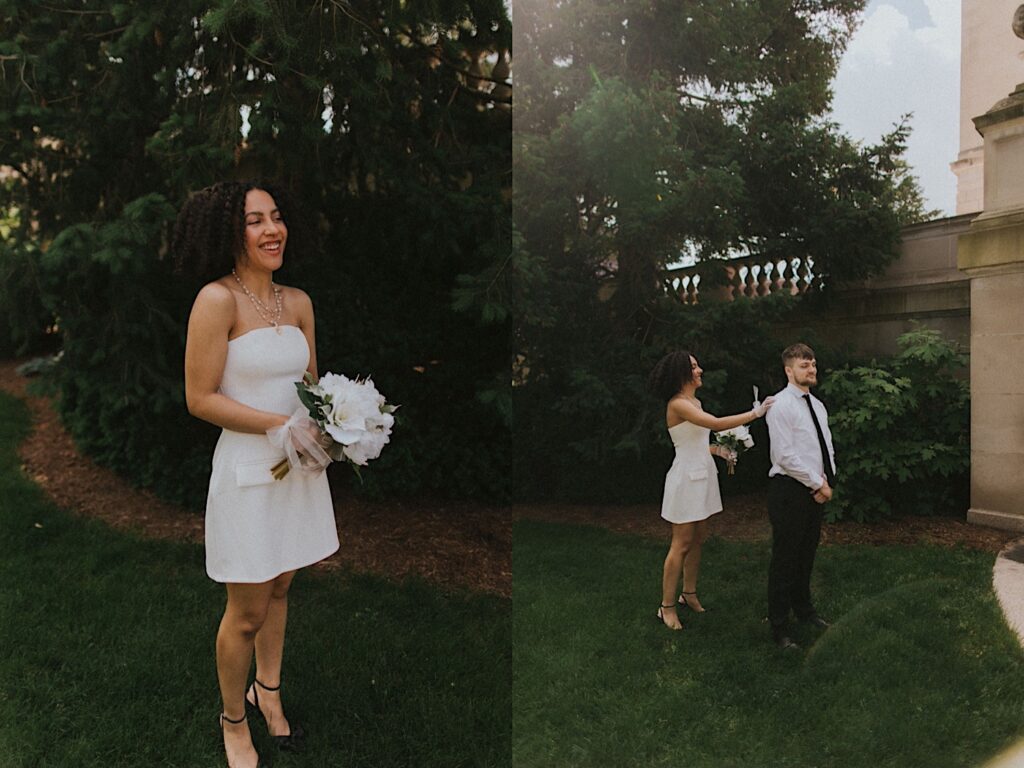 Bride taps groom on the shoulder for their first look. She is wearing a short strapless dress, gloves and pearls. He is wearing a white shirt and tie and they are standing in front of a balcony at the Springfield Courthouse. 