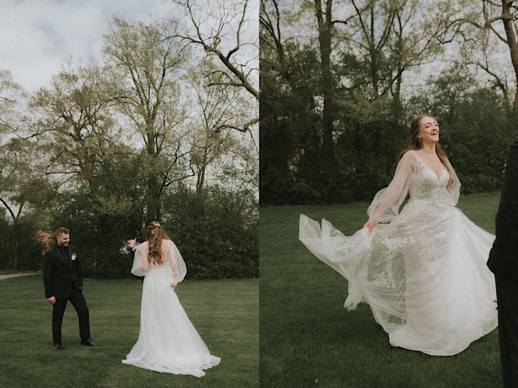 Bride spins with her long sleeved dress in her hands.  