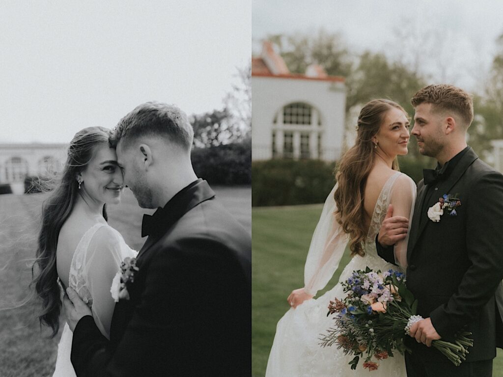 Groom holds bride's arm as they look into the distance with Ravisloe Country Club in the background. 