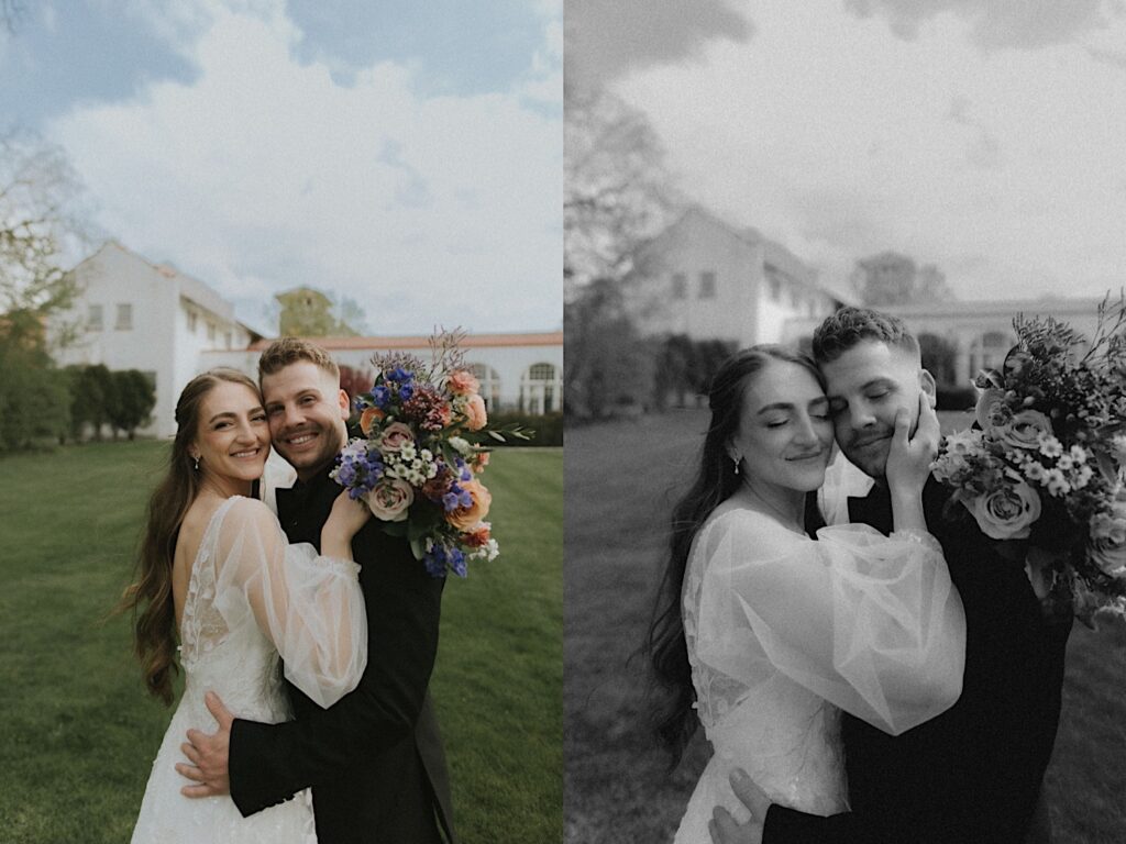 Bride puts her hand on groom's face while holding her bridal bouquet around his shoulder with Ravisloe Country Club in the background. 