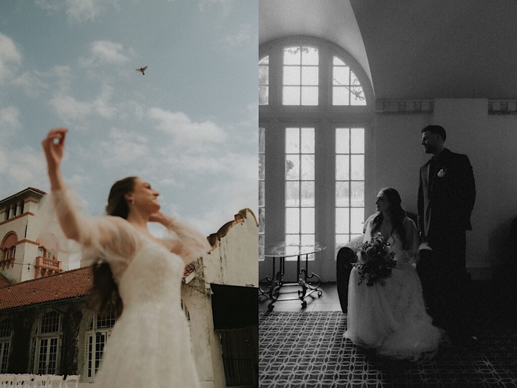 Bride  with long sleeved lace dress spins with her arms in the air with Ravisloe Country Club in the background. 