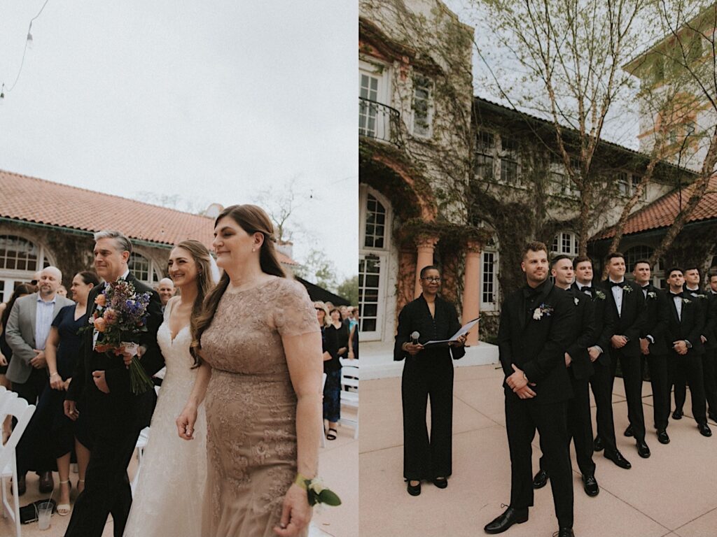 The Bride walks down the aisle smiling with her father and her mother in a champagne colored lace dress. 