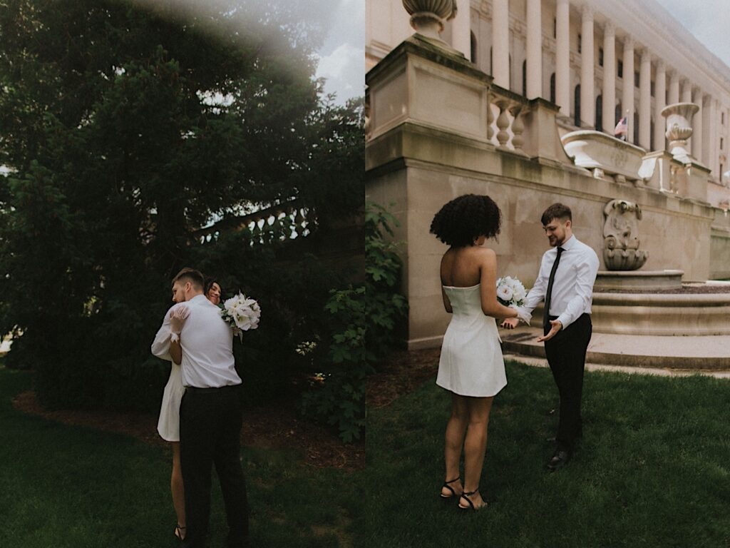 Bride holds all white bouquet as she hugs the groom with trees and a stone balcony in the background. 