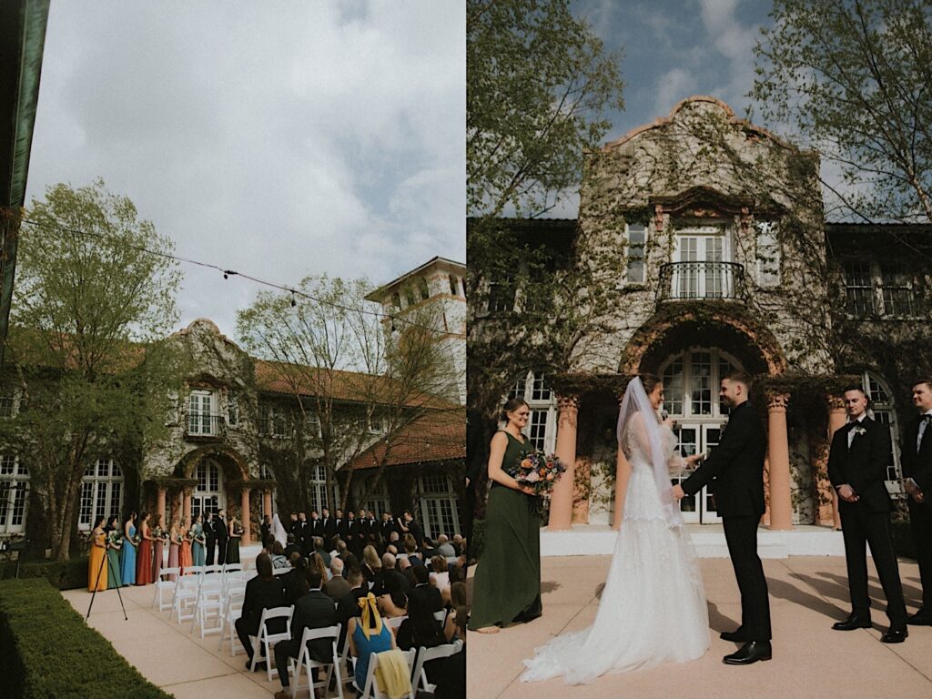 Bride and Groom look at each other stand in front of Ravisloe Country Club that is covered in vines during wedding ceremony. 