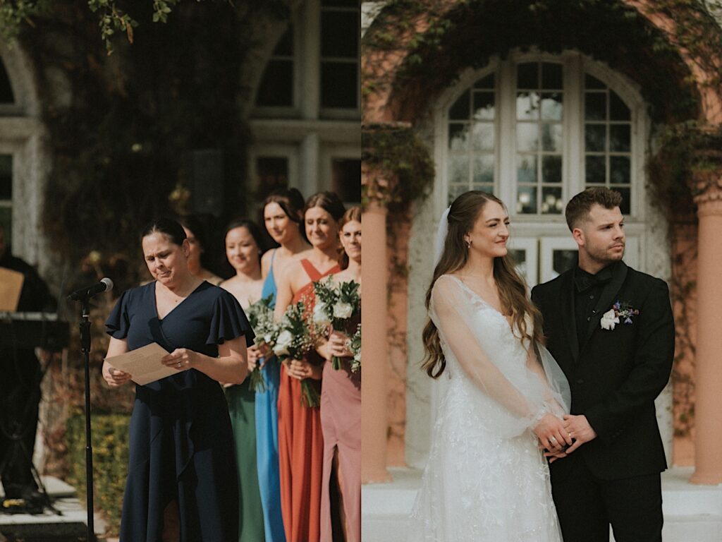 Woman in a blue flowy dress gives a reading during the ceremony at a microphone as the bridesmaids stand behind her.  