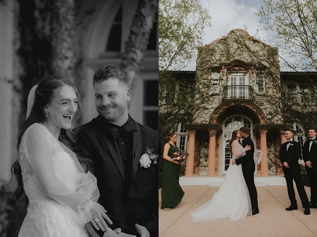 Groom stares lovingly at bride during wedding ceremony as she laughs in gorgeous black and white photo by Springfield Wedding Photographer. 