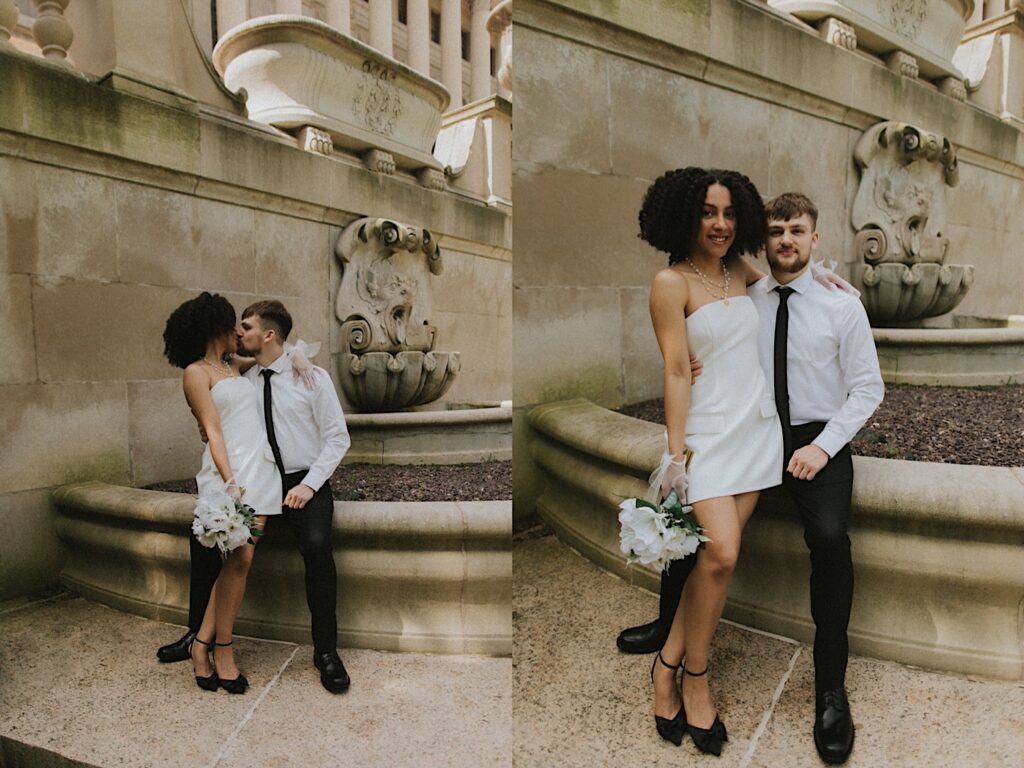 Bride and groom sit on ledge outside the Springfield Courthouse and pose smiling for elopement portraits before ceremony.