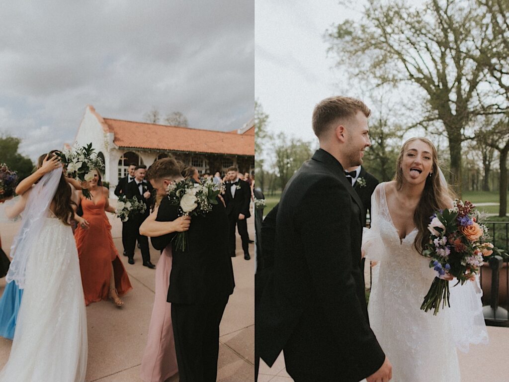 Bride holds grooms arm and holds a bouquet of flowers as she sticks her tongue out towards the camera for a silly candid photograph. 