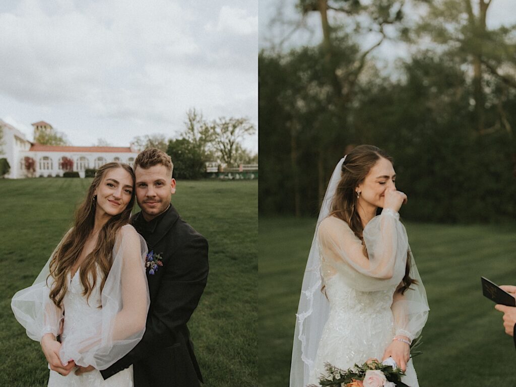 Bride in a long sleeve sparkly dress gets emotional as groom reads his vows to her. 