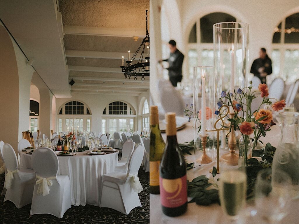 Chicagoland Wedding photographer captures a a still life of the reception wedding table adorned with champagne glasses, wine, candle sticks and a bouquet of orange and blue flowers. 