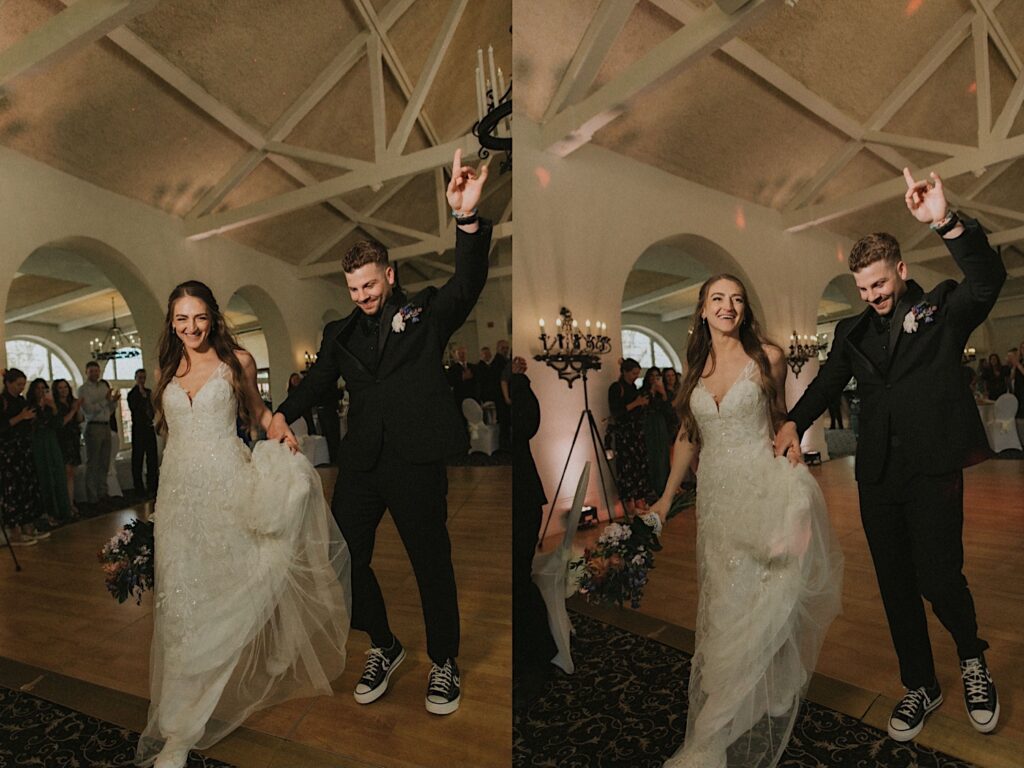 Bride and Groom enter the Ravisloe Country Club reception room holding hands and smiling. 