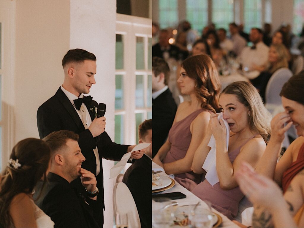 Bridesmaid tears up and wipes her eyes with a napkin as they sit at the head table during wedding speeches. 