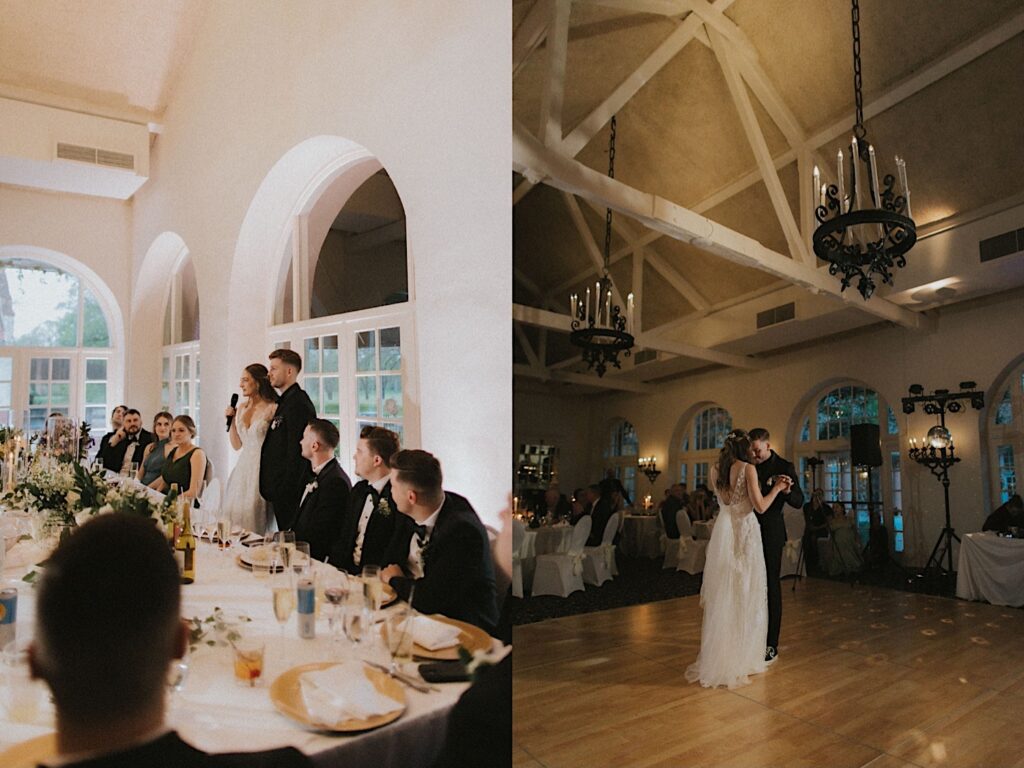 Bride and Groom stand in front of the head table and speak to their wedding guests during reception. 