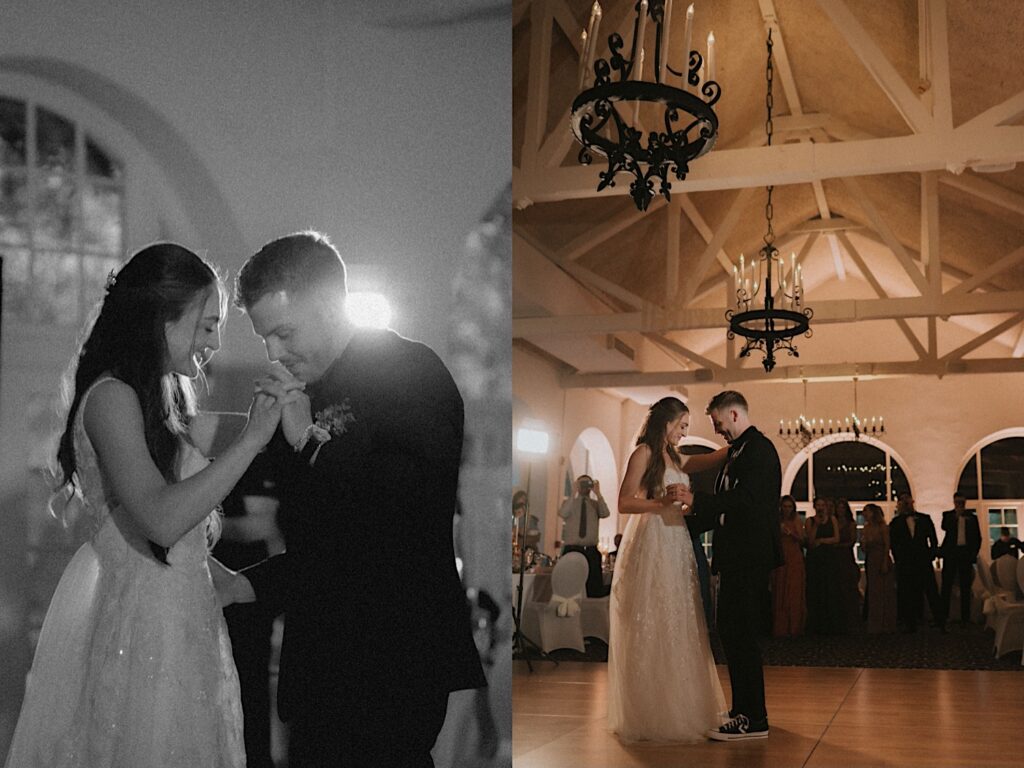 Bride and Groom dance together on the dance floor in the reception hall at Ravisloe Country Club. Guests watch from the side of the dance floor. 