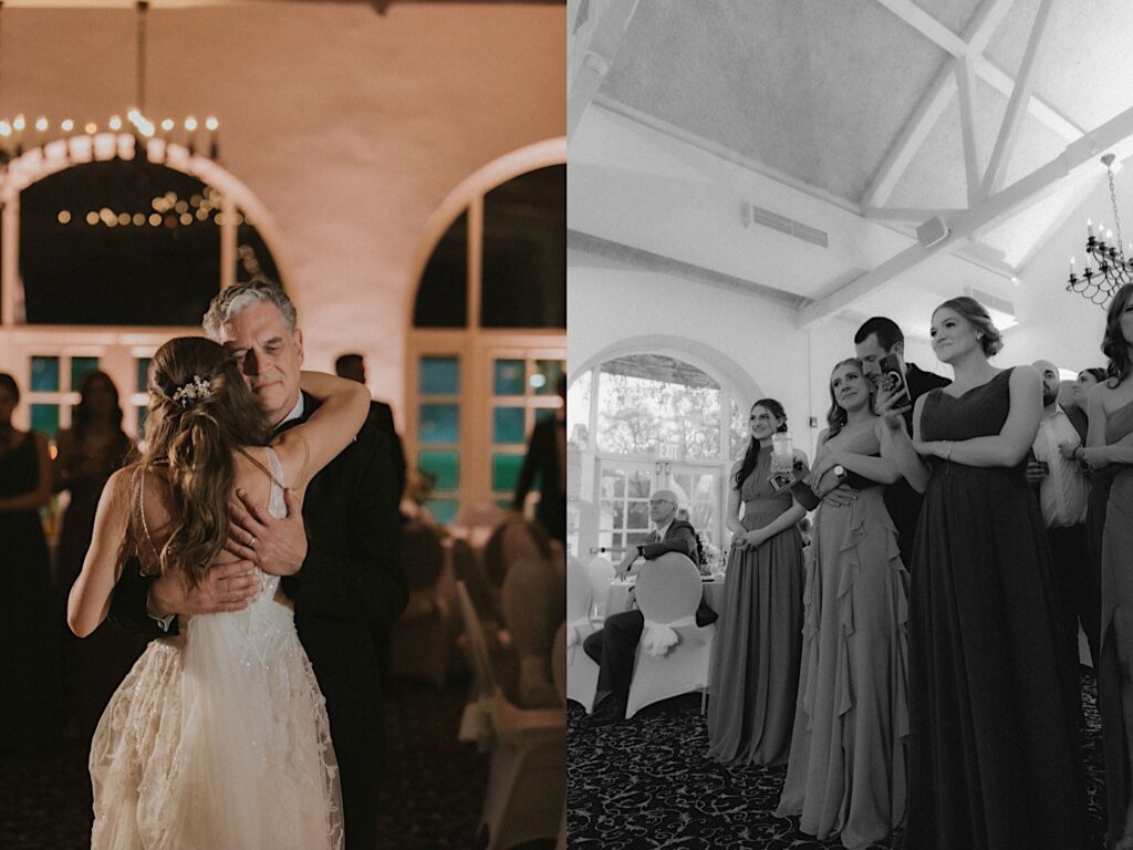 Bride in sparkly dress and her father dance in wedding reception hall at Ravisloe Country Club. 