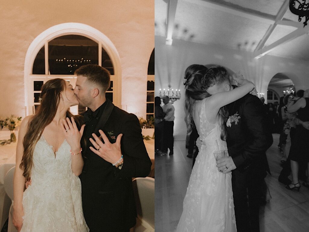 Bride and groom kiss while showing off their wedding bands and friendship bracelets during reception at Ravisloe Country Club. 