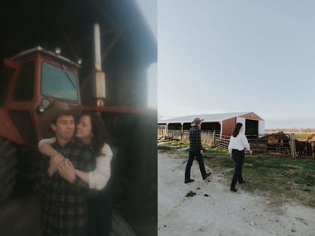 Couple walks towards red barn and brown cows during golden hour on beautiful farm in Central Illinois for farm engagement session. 