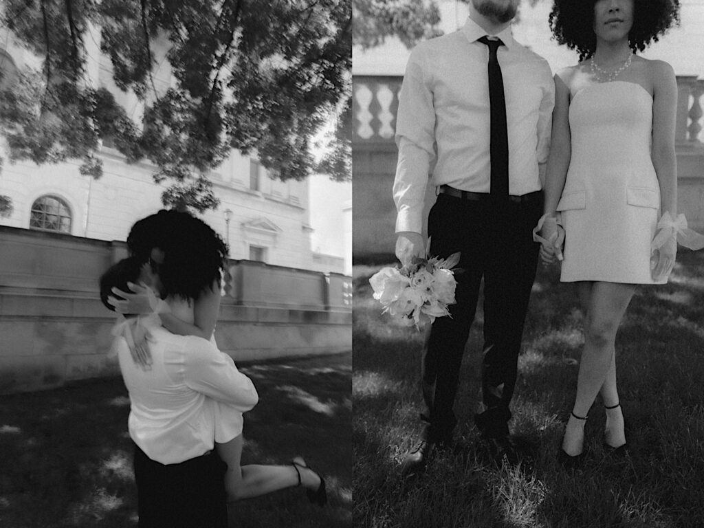 Bride in short white dress and sheer gloves and Groom in white button up and black tie stand hand in hand holding white flower bouquet for elopement portraits.