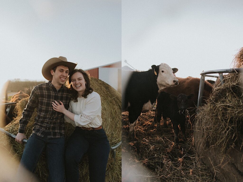 Couple smiles at the camera while sitting on hay during engagement session on a farm in Central Illinois 