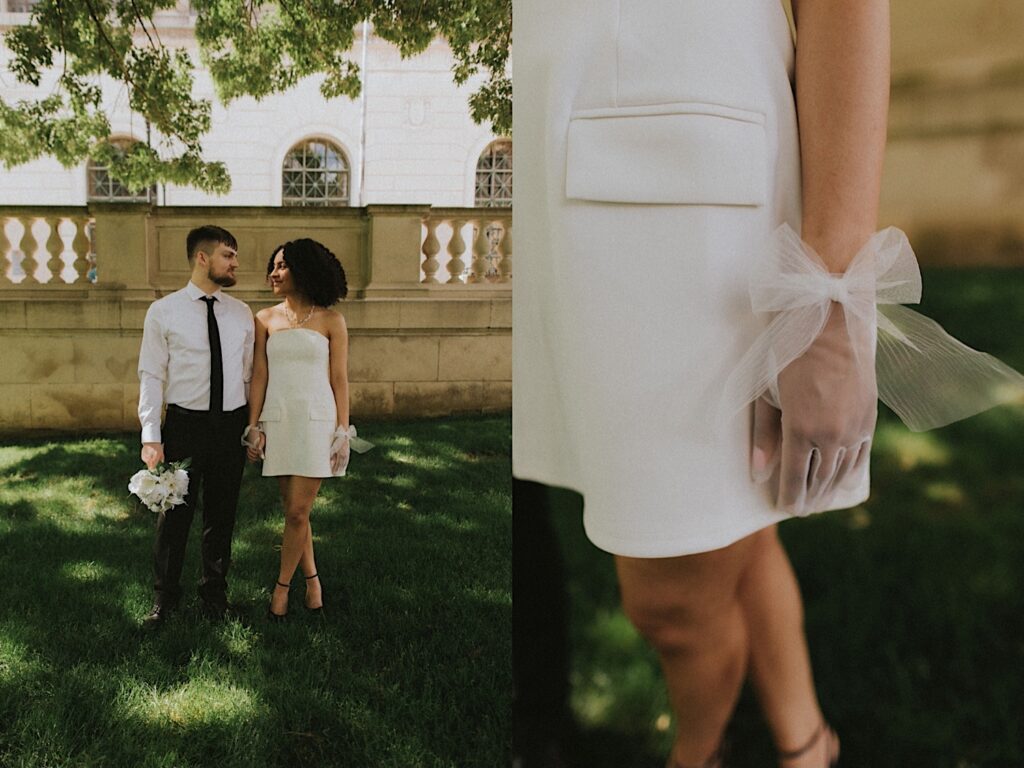 Springfield elopement photographer captures brides hand in timeless sheer gloves with bows on the wrist. 