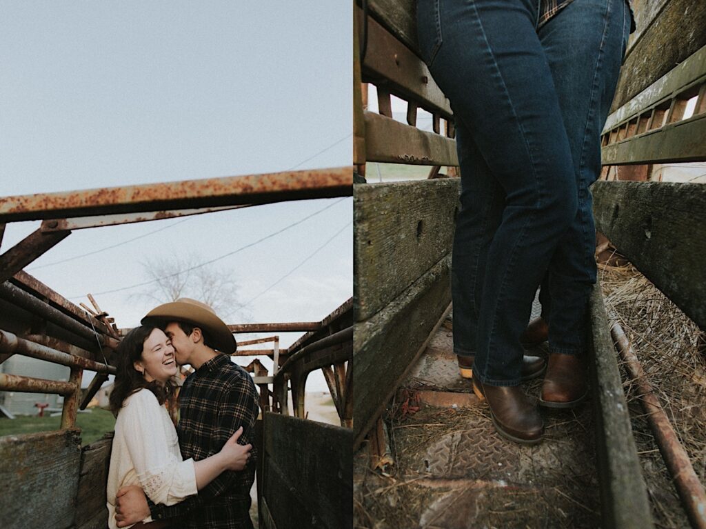 Couple from the waist down standing together in a barn with brown cowboy boots and jeans for farm engagement session in Central Illinois. 