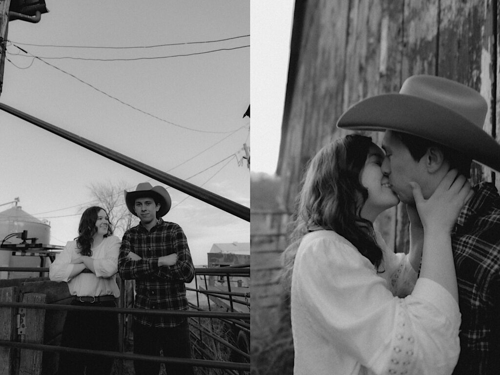 Girl in white blouse kisses man in cowboy hat against barn for engagement photo session by Central Illinois engagement photographer. 