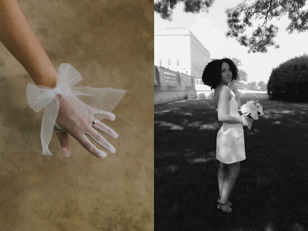 Springfield elopement photographer captures bride's hand in a sheer white glove with a bow on the wrist showing off her pearl engagement ring. 