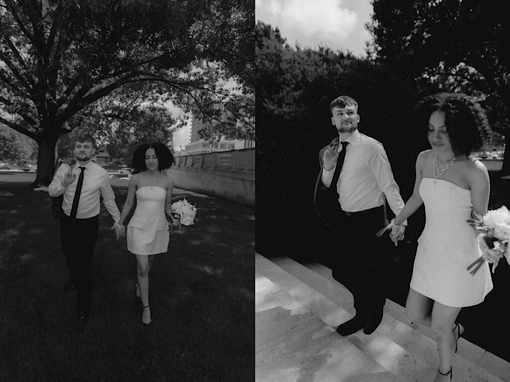 Bride in a short white dress walks up  Springfield Courthouse the steps with groom holding his suit jacket over his shoulder.