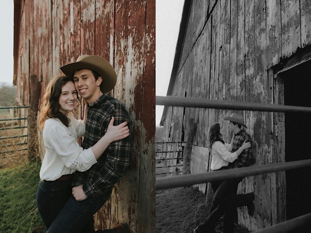 Couple leans up against aged red barn during golden hour for farm engagement photography session in Springfield Illinois. 