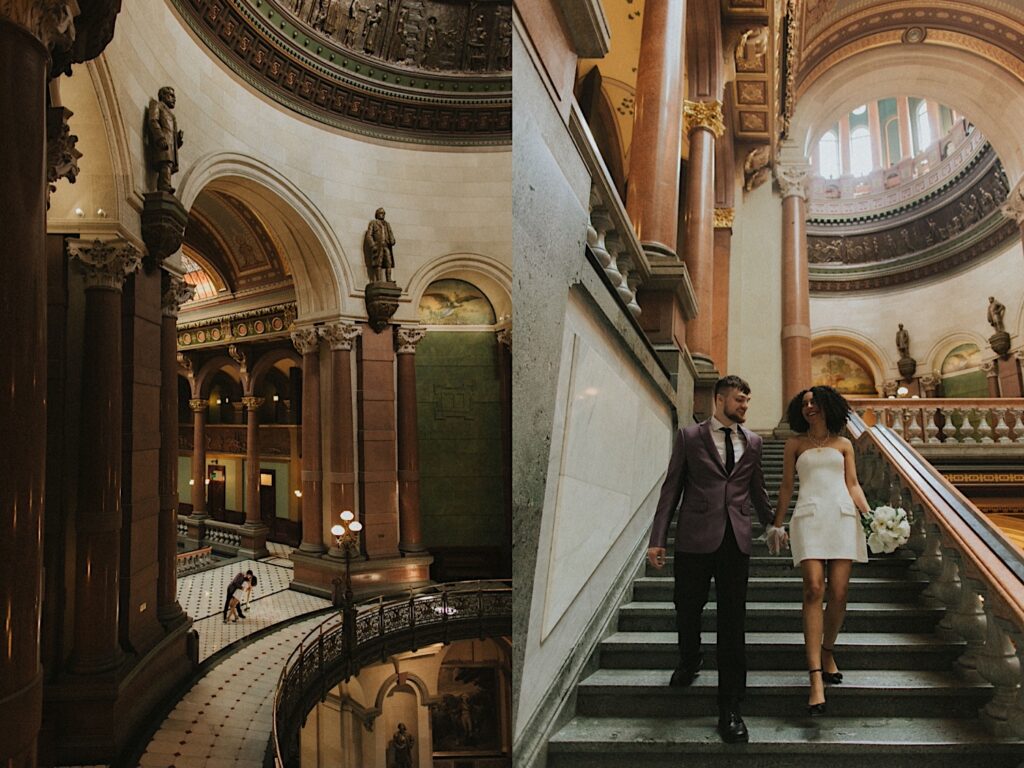 Bride in short white dress and groom in suit walk down green marble steps in the beautiful Springfield Courthouse before elopement ceremony. 