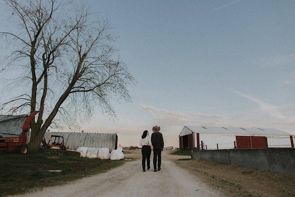 Couple walks with their backs facing the camera towards barns during golden hour on a farm in Springfield, Illinois.