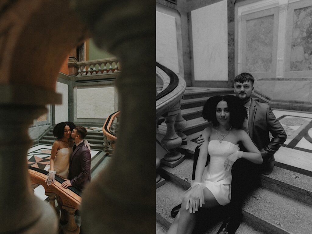 Bride and Groom sit on steps of Springfield Courthouse in romantic black and white elopement portraits. 