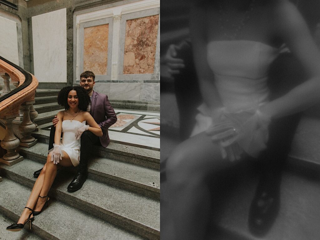 Bride sits in front of Groom on green marble stairs of Springfield Courthouse for elopement portraits.