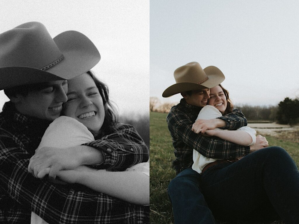 Man with cowboy hat sits and hugs girl on grass while smiling wide for cozy engagement photos in Springfield, Illinois. 