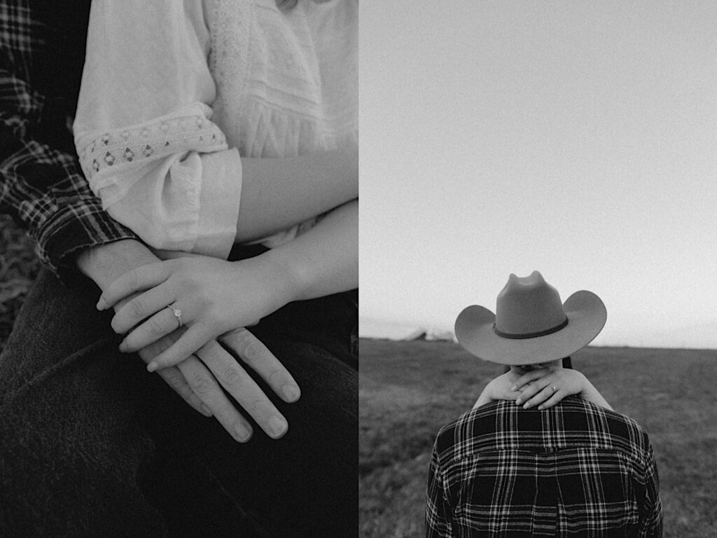 Man stands with his back to the camera wearing a cowboy hat while a woman's hands are resting around his neck focusing on a diamond engagement ring for engagement photos in Springfield, Illinois. 