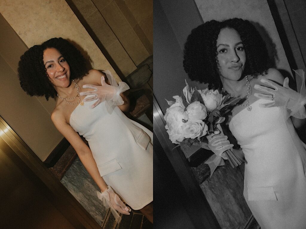 Bride poses and smiles with her bouquet and holding her gloved hand to show off her pearl engagement ring. 